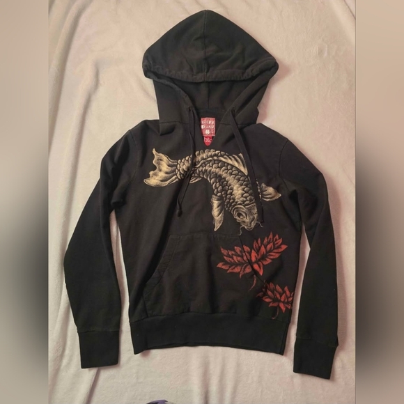 Lucky Brand Vintage Koi Fish and Lotus Flower Graphic Hooded Sweatshirt - Picture 2 of 3
